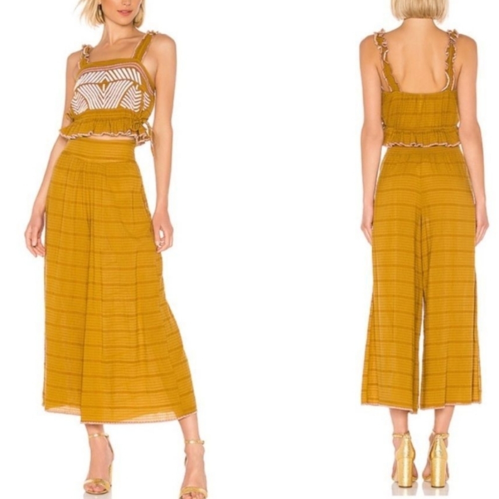Free People Eva Set Crop Cami High Rise Wide Leg Ankle Length Pants Gold Med NWT - Picture 1 of 16